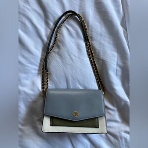 Tory Burch Light Blue, Olive & White Colorblock Chain Crossbody